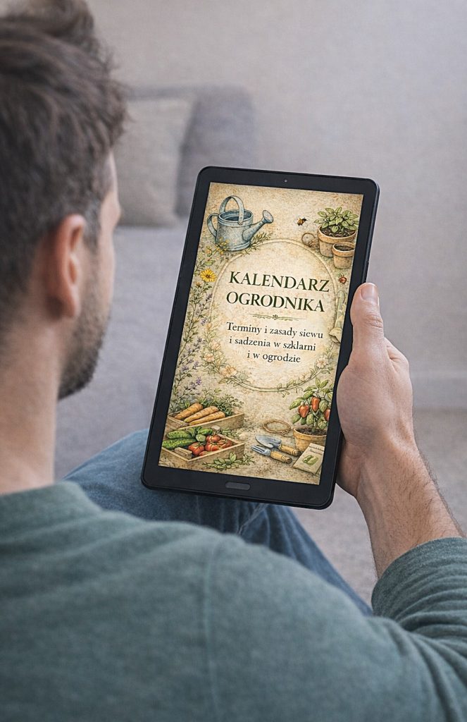 Mężczyzna trzyma tablet z ebookiem „Kalendarz Ogrodnika – terminy i zasady siewu i sadzenia w szklarni i w ogrodzie