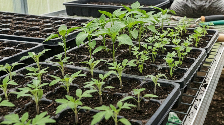 Młode sadzonki warzyw w multiplatach w szklarni