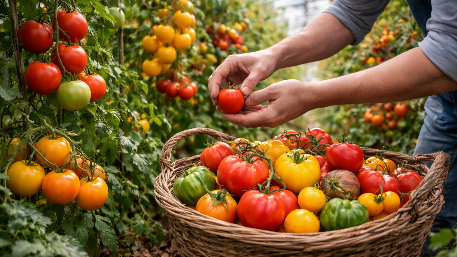 Dłonie ogrodnika zrywające dojrzałe pomidory w szklarni do kosza
