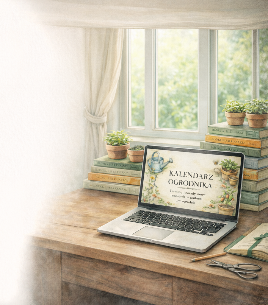 Ebook Kalendarz Ogrodnika 2026 na laptopie, planowanie siewu i sadzenia roślin w domu, porządek w terminach ogrodniczych