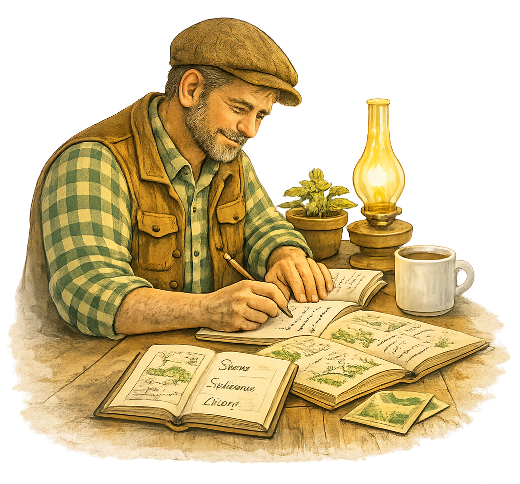 Ogrodnik planujący terminy siewu i sadzenia przy stole, notatki uprawowe i kalendarz ogrodniczy w tle