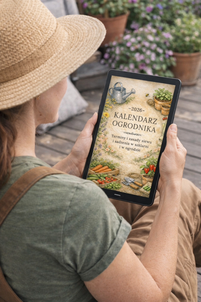 Kobieta ogrodniczka trzyma tablet z ebookiem „Kalendarz Ogrodnika – terminy i zasady siewu i sadzenia w szklarni i w ogrodzie