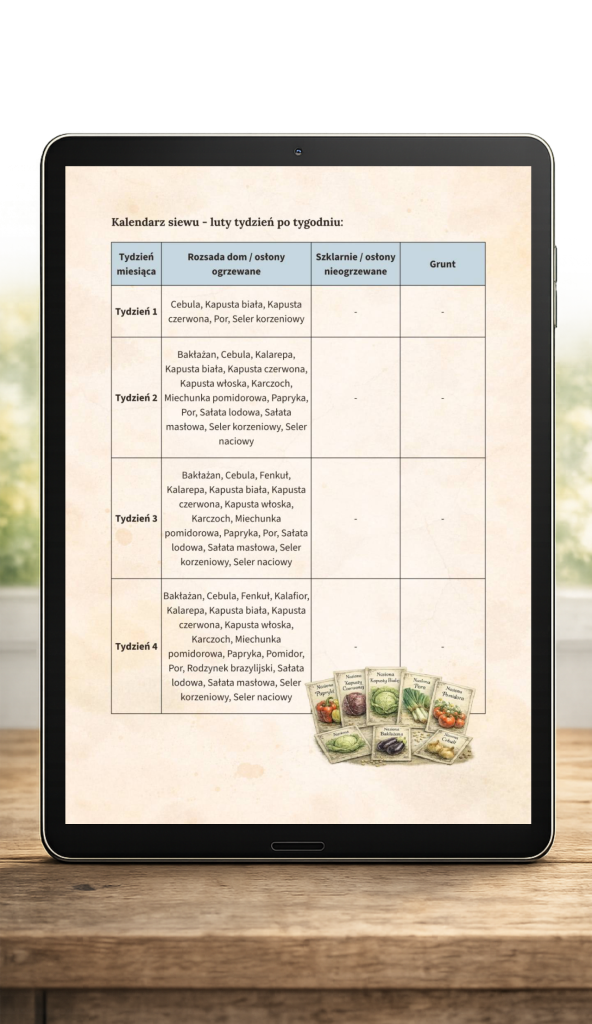 Kalendarz Ogrodnika 2026 – tabela siewu na luty tydzień po tygodniu (podgląd)