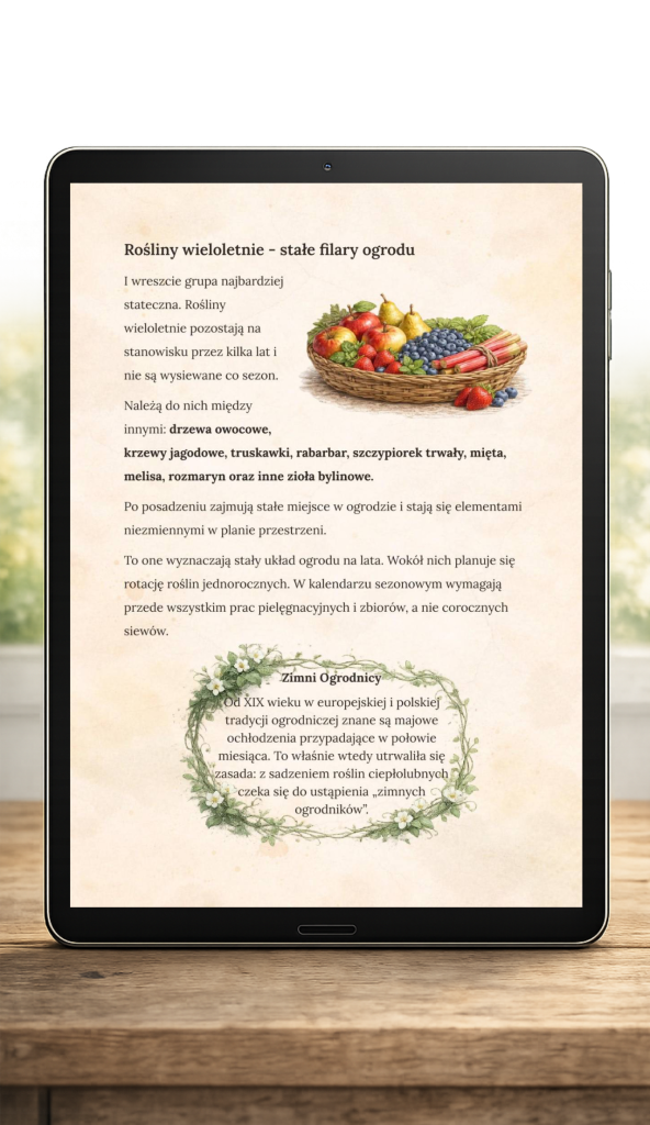Podgląd strony ebooka Kalendarz Ogrodnika 2026 na tablecie – rośliny wieloletnie jako stałe filary ogrodu
