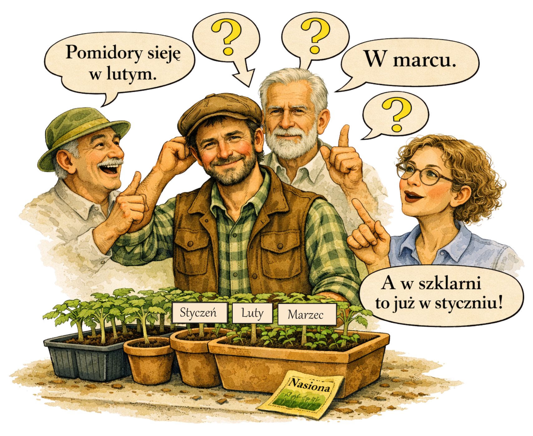 Ogrodnik zastanawiający się kiedy siać pomidory, różne opinie o terminach siewu w styczniu, lutym i marcu